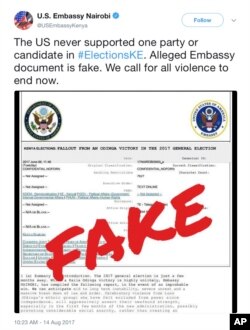 FILE - This Tweet from the U.S. Embassy in Nairobi from Aug. 14, 2017, calls out a alleged embassy document as being fake news. (U.S. Embassy Nairobi/Twitter via AP)