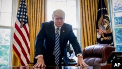 President Donald Trump poses for a portrait in the Oval Office in Washington.