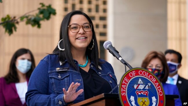 In this file photo, Colorado State Sen. Julie Gonzales speaks during a news conference on Oct. 15, 2020, in Denver, Colorado. (AP Photo/David Zalubowski, File)