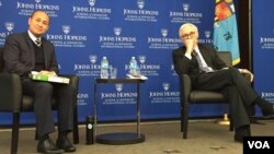 Hun Many, son of Prime Minister Hun Sen, left, in a rare speaking engagement at the US-Korean Institute under Johns Hopkins’ School for Advanced International Studies, alongside moderator Karl D. Jackson, Ph.D., Washington DC, Wednesday January 20, 2016. (Photo: Men Kimseng/VOA Khmer)