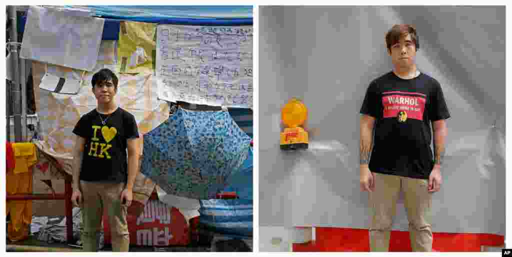 This combination of photos show Tabris Ho, a salesperson, (l) posing for a portrait with his &quot;I love HK&quot; T-shirt on a main road in the occupied areas at Causeway Bay district in Hong Kong, on Oct. 10, 2014, and (r) Ho posing for a portrait near a subway station in Hong Kong almost one year later on Sept. 27, 2015.