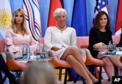 The daughter of the U.S. president, Ivanka Trump, IMF Managing Director Christine Lagarde and Canada's Minister of Foreign Affairs Chrystia Freeland attend the Women's Entrepreneurship Finance event at the G-20 Summit in Hamburg, Germany, July 8, 2017.