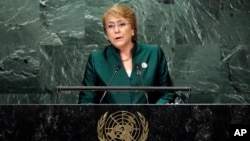 Chile's President Michelle Bachelet addresses the 71st session of the United Nations General Assembly, at U.N. headquarters, Sept. 21, 2016. 