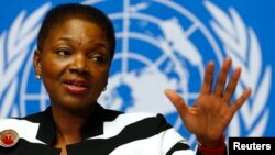 FILE - U.N. humanitarian chief Valerie Amos addresses a news conference at the United Nations in Geneva, March 2014.