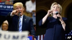 FILE - Presumptive US Republican and Democratic presidential candidates (L-R) Donald Trump and Hillary Clinton address campaign crowds.