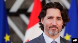 Perdana Menteri Kanada Justin Trudeau di KTT Uni Eropa-Kanada di Gedung Dewan Eropa di Brussels, Senin, 14 Juni 2021. (Foto: Stephanie Lecocq via AP)