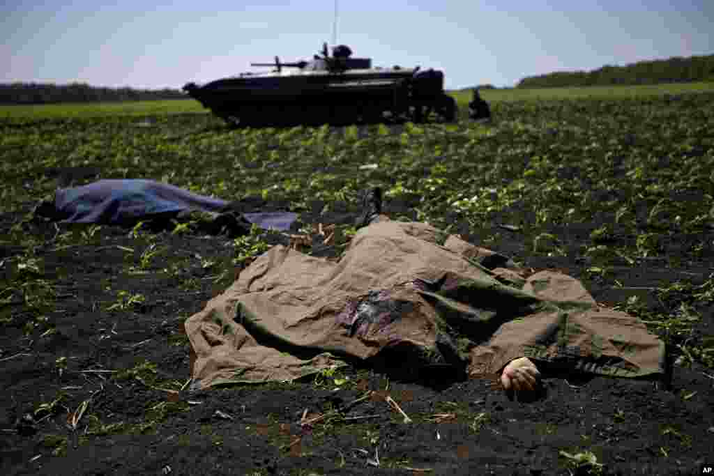 Bodies covered with blankets lie in a field near the village of Blahodatne, eastern Ukraine, May 22, 2014. Several Ukrainian troops were killed when pro-Russian rebels attacked a checkpoint.