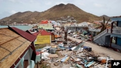 View of the partially buildings destroyed by Irma during the visit of France's President Emmanuel Macron in the French Caribbean islands of St. Martin, Sept. 12, 2017.