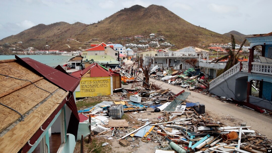 Buildings that were partially or completely destroyed by Irma are seen during the visit of France's President Emmanuel Macron in the French Caribbean islands of St. Martin, Sept. 12, 2017.