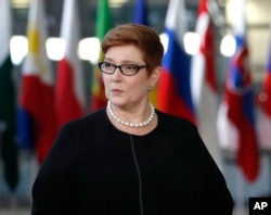 FILE - Australian Foreign Minister Marise Payne arrives for the ASEM 12 in Brussels, Oct. 18, 2018.