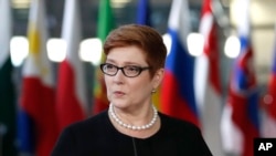 FILE - Australian Foreign Minister Marise Payne, pictured in Brussels on Oct. 18, 2018, has called for China "to refrain from cyber-enabled theft of intellectual property, trade secrets and confidential business information."