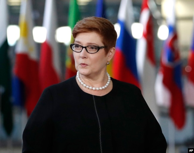 FILE - Australian Foreign Minister Marise Payne arrives for the ASEM 12 in Brussels, Oct. 18, 2018.
