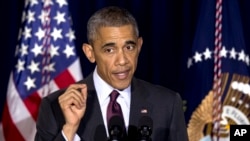 Presiden Barack Obama saat memberikan sambutan treat Ebola di Institut Kesehatan Nasional (NIH) (2/12).