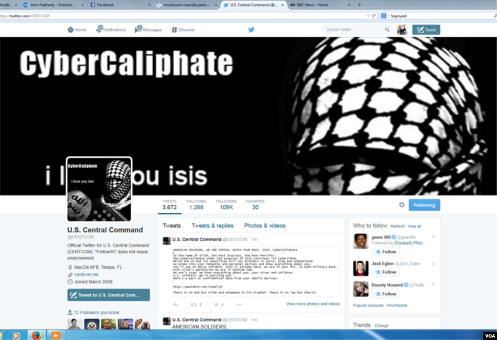 Hackers who say they are loyal to the Islamic State group took control over the U.S. Central Command Twitter account, Jan. 12, 2015. (Screen shot)