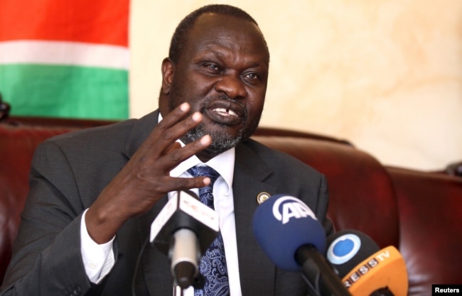 South Sudan's rebel leader Riek Machar addresses a news conference in Ethiopia's capital Addis Ababa, Oct. 18, 2015.