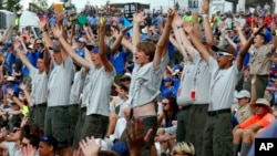Boy Scouts sing and dance to music as they await the arrival of President Donald Trump at the 2017 National Boy Scout Jamboree at the Summit in Glen Jean, West Virginia, July 24, 2017. 
