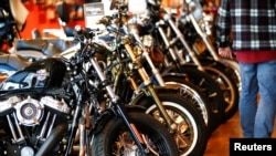 Harley Davidson motorcycles are displayed for sale at a showroom in London, Britai