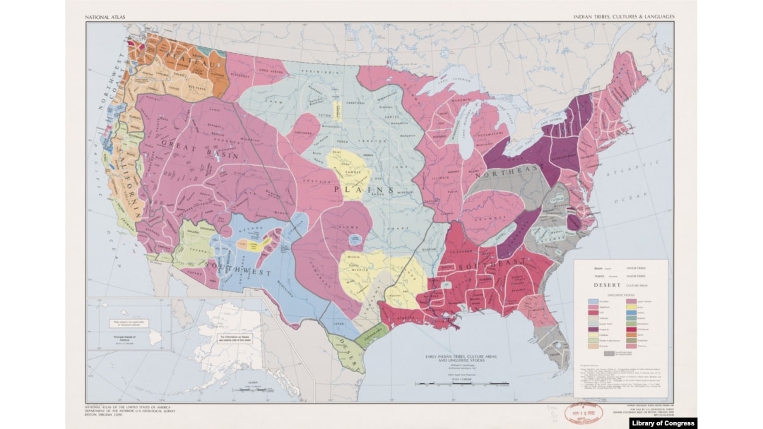 This map shows location of tribes, cultural areas and language groups prior to European contact.