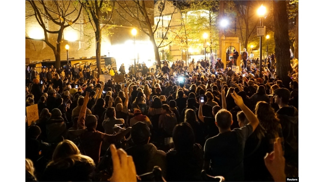Demonstrators gather during a protest against the election of Republican Donald Trump as president of the United States in Portland, Ore., Nov. 11, 2016.