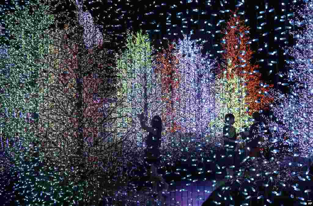 People are silhouetted as they walk through a light installation titled "Universal Journey" comprising of 824,961 light bulbs at the Universal Studios Singapore.