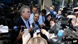 Republican presidential candidate Jeb Bush, speaking to reporters in San Francisco on July 16, 2015, has called the global powers' nuclear accord with Iran “appeasement," rather than diplomacy.