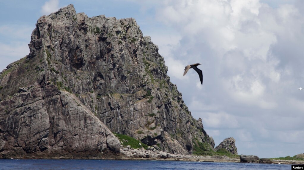 资料照片：一只海鸟飞过东中国海日本称作尖阁、中国称作钓鱼岛的岛屿。(2012年9月2日)(photo:VOA)