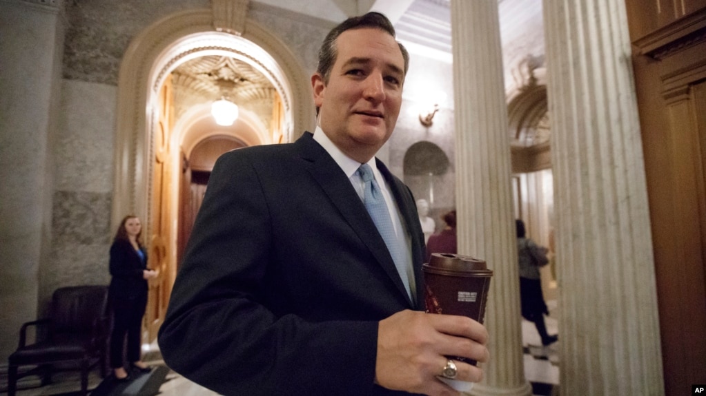 FILE - In this Feb. 3, 2017 file photo, Sen. Ted Cruz, R-Texas, departs the Senate chamber on Capitol Hill in Washington. 