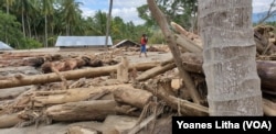 Para Relawan Kemanusiaan menyeberangi Sungai yang mulai surut untuk mengantarkan logistik bantuan bahan makanan bagi warga terdampak banjir bandang di dusun 3, Desa Bangga, Dolo Selatan, Kabupaten Sigi, Sulawesi Tengah, 1 Mei 2019. (Foto: VOA/Yoanes Litha