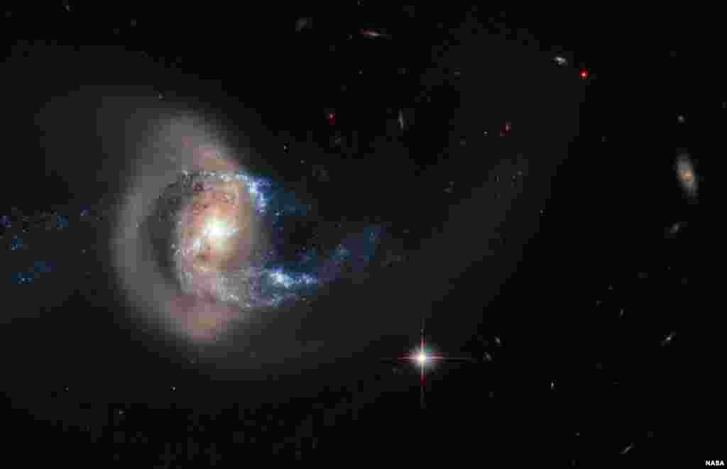 Galaksi NGC 7714, menggeliat dan terdistorsi akibat tabrakan baru-baru ini dengan galaksi tetangga. Galaksi tetangga yang lebih kecil ini, NGC 7715, terletak di bagian kiri bagian gambar yang ditampilkan, diduga telah menabrak NGC 7714. Observasi yang dilakukan mengindikasikan cincin emas yang terlihat di foto ini terdiri dari jutaan bintang seperti matahari yang usianya lebih tua yang kemungkinan besar ikut bergerak dengan bintang-bintang yang ada di bagian interior. Sebagai kontras, pusat NGC 7714 yang terang benderang tampaknya merupakan ledakan-ledakan pembentukan bintang baru yang sedang berlangsung. (Foto: NASA dan ESA)
