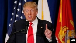 FILE - Republican presidential candidate Donald Trump gestures during a speech in Virginia Beach, Virginia, July 11, 2016.