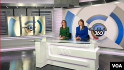 VOA's Nathaly Salas Guaithero and Carolina Valladares on the set at Studio 47.