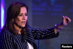 FILE - Margarita Zavala, lawyer and member of National Action Party (PAN), speaks during Forbes Forum 2017 in Mexico City, Mexico, Sept. 18, 2017.