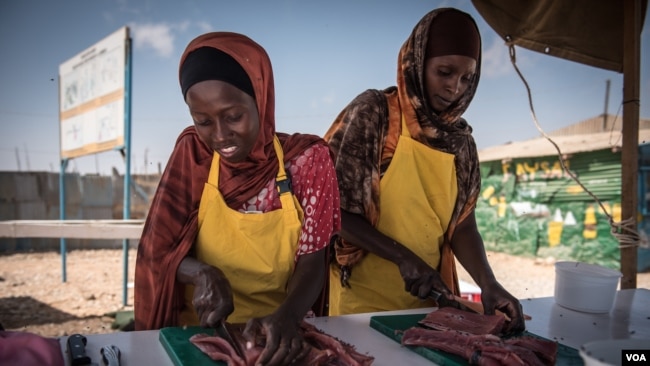 Women slice fresh fish in thin strips to dry for eventual sale as part of a Food and Agriculture Organization program to boost Somalia's fishing industry, in late March 2018. (J. Patinkin/VOA)