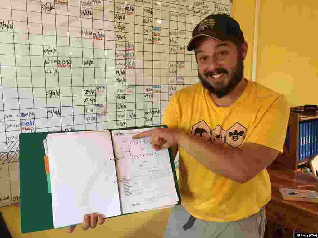 Elephants and Bees Project research center coordinator Matthew Rudolph shows notes taken to document effectiveness of beehive fences used by 22 farmers in the Taita-Taveta area, Kenya, April 19, 2016. 