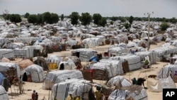 FILE - A photo shows a general view of one of the biggest camps for people displaced by Boko Haram and likeminded Islamist extremists in Maiduguri, Nigeria, Aug. 28, 2016.