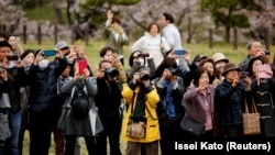 Fumiko Shirataki and well-wishers try to take photographs of Japan's Emperor Akihito and Empress Michiko