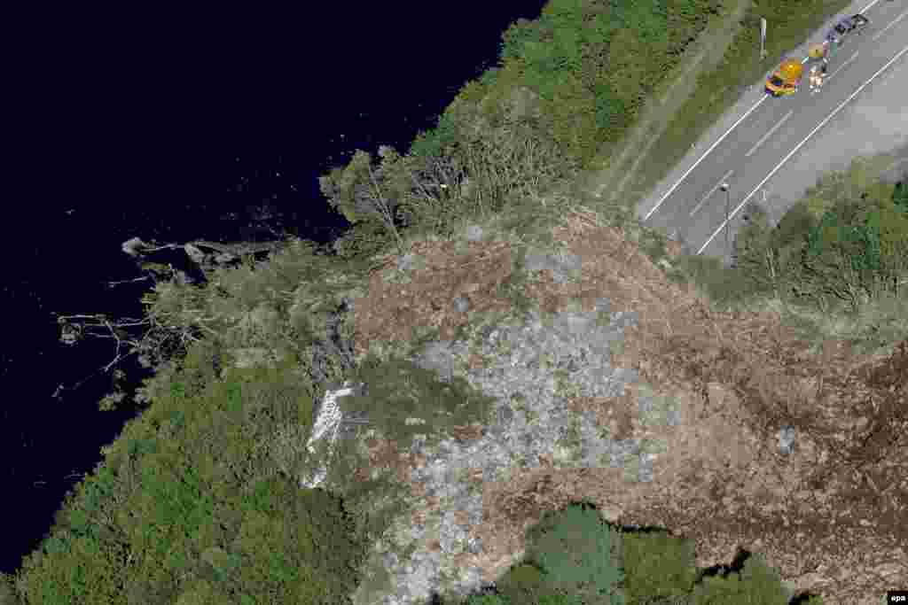 Aerial view of a large landslide at Voss near Bergen, Norway, 08 June 2016.