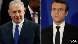 امانوئل مکرون رئیس جمهوری فرانسه و بنیامین نتانیاهو نخست‌وزیر اسرائیل.