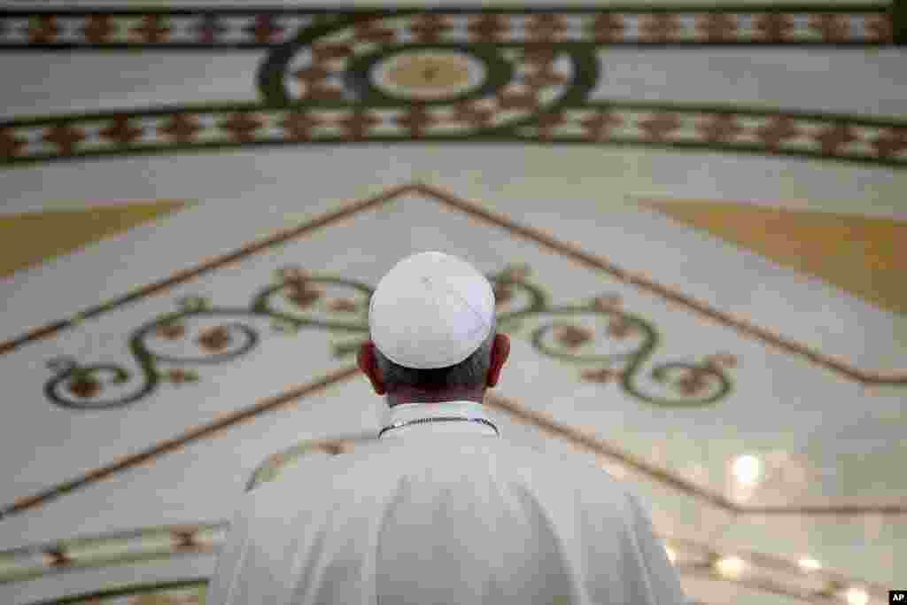 Pope Francis attends a ceremony at the Apostolos Barnavas Orthodox Cathedral in Nicosia, Cyprus.