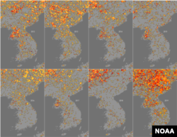 미국 국립해양대기청(NOAA)이 위성사진을 토대로 분석한 한반도 가뭄 지수(Drought index) 연간 분포도. 2012년이후 올해가 가장 심각한 상태인 것으로 나타난다. 가뭄의 정도에 따라 '중간'과 '높음', '심각' 수준을 각각 노란색, 빨간색, 검붉은색으로 표시했다.