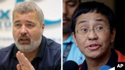 FILE - A combo of file images of Novaya Gazeta editor Dmitry Muratov, left, and Rappler CEO and Executive Editor Maria Ressa. On Oct. 8, 2021 the Nobel Peace Prize was awarded to Ressa and Muratov for their fight for freedom of expression.
