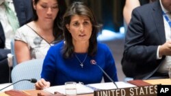 FILE - U.S. Ambassador to the United Nations Nikki Haley speaks during a Security Council meeting, Aug. 28, 2018, at United Nations headquarters in New York. 