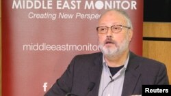 FILE - Saudi dissident Jamal Khashoggi speaks at an event hosted by Middle East Monitor in London, Sept. 29, 2018.