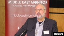 Saudi dissident Jamal Khashoggi speaks at an event hosted by Middle East Monitor in London, Sept. 29, 2018.