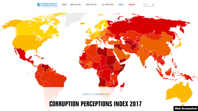 Corruption Perceptions Index 2017 issued by Transparent International on February 22, 2018. (Web screenshot)