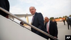Attorney General Jeff Sessions boards his plane at Andrews Air Force Base, Maryland, July 27, 2017. Sessions is traveling to El Salvador to meet with local leaders and discuss their efforts to fight gangs like MS-13. 