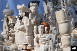 Ivory sculptures are on display before being crushed, Aug. 3, 2017, in New York's Central Park.