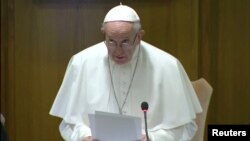 Pope Francis delivers a speech during the four-day meeting on the global sexual abuse crisis, at the Vatican, Feb. 21, 2019, in this screen grab taken from video.