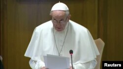 FILE - Pope Francis delivers a speech during the four-day meeting on the global sexual abuse crisis, at the Vatican, Feb. 21, 2019, in this screen grab taken from video. 