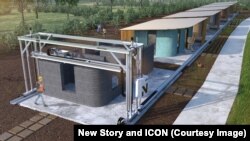 This rendering shows how a 3-D printer can print homes and create communities. A construction company based in Austin, Texas, and New Story, a nonprofit that aims to end homelessness globally, have teamed up to provide safe, permanent shelters.